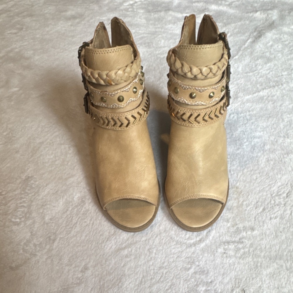 Sugar Beige Braided Buckle Studded Open Toe Zip Ankle Bootie Women's Boots‎